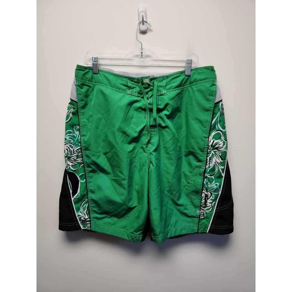 Mens Swim Shorts Trunks Speedo Lined Black Green Floral Hawaiian Aloha Large‎ L